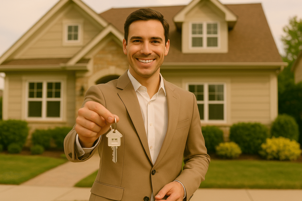 imagem_gerada (37) Corretor de imóveis apresentando casa moderna - Marketing Digital para Profissionais Imobiliários vendendo mais.